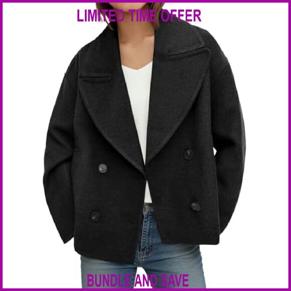 Cropped Wool Blend Pea Coat Double Breasted Notched Lapel Overcoat - Picture 2 of 8